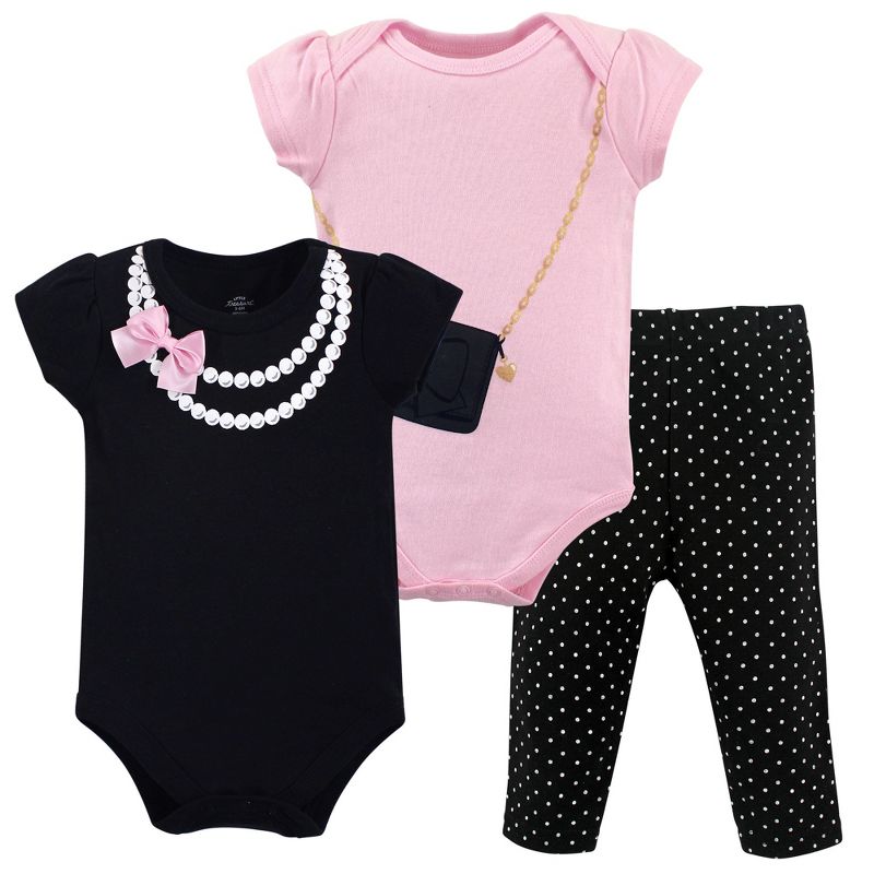 Little Treasure Baby Girl Cotton Bodysuit and Pant Set, Pearls, 1 of 2