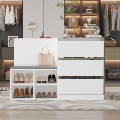 Famapy Shoe Cabinet White Multifunctional Composite 9 Drawer Storage Cabinet Comes with Seat and Cushions