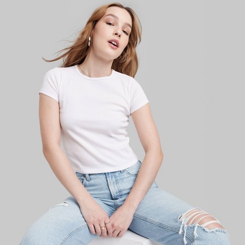 Women's Short Sleeve Ribbed Baby T-Shirt - Wild Fable™ White XXS