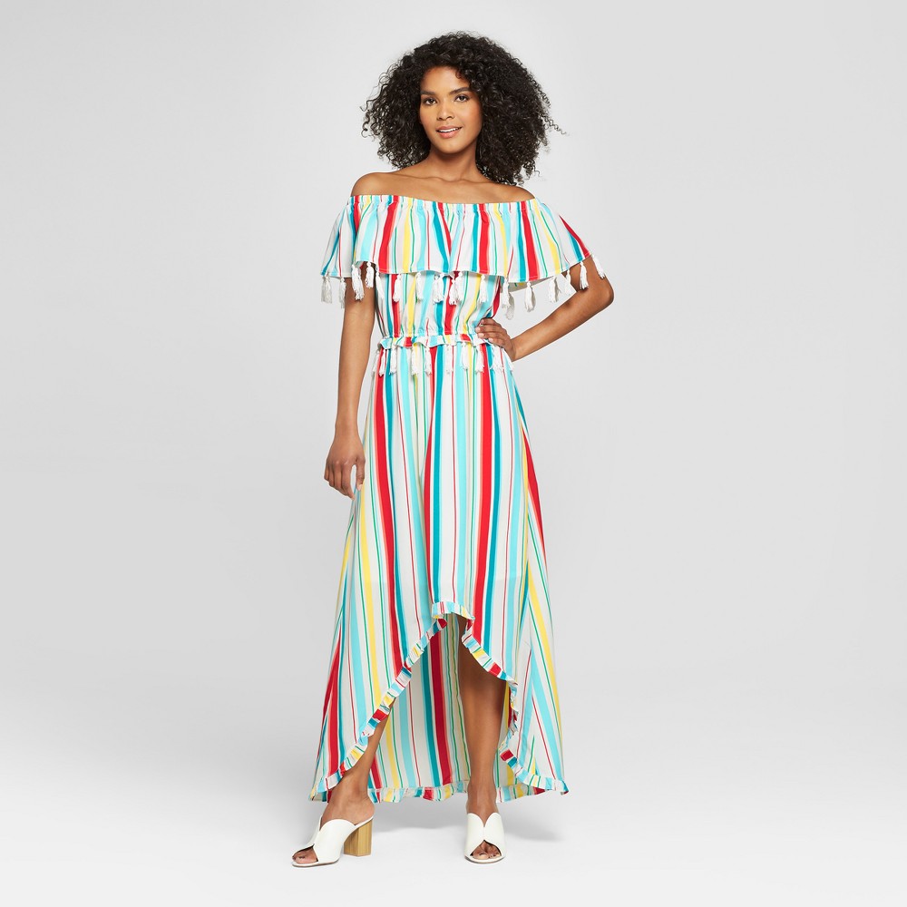 Women's Striped Off the Shoulder Tassel Ruffle Maxi Dress - XOXO (Juniors') Blue/White/Red S, Size: Small, MultiColored was $69.98 now $31.49 (55.0% off)