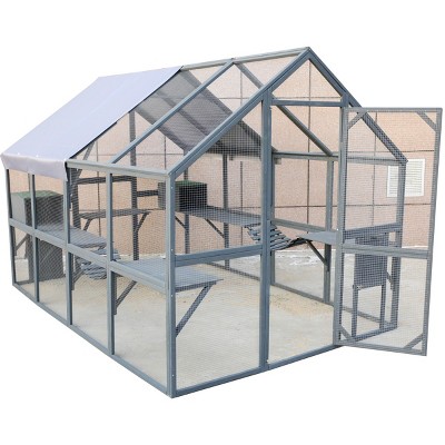 LAOTIES 110" Large Outdoor Wooden Catio,Cat Enclosure with Bridges,Catwalks And Small Houses,Covered Playpen For Multiple Cats