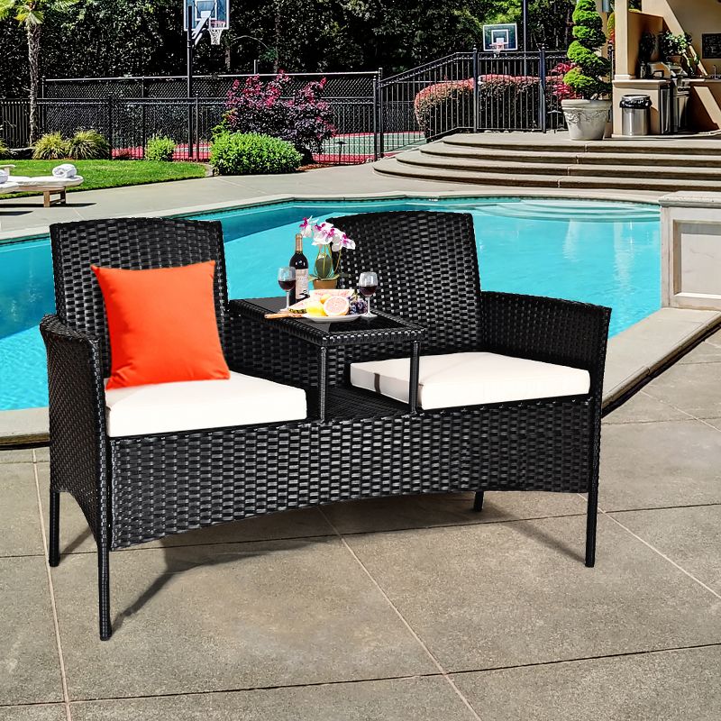 Costway Patio Rattan Conversation Set Seat Sofa Cushioned Loveseat Glass Table Chairs, 2 of 10