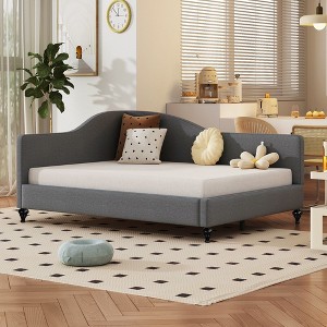 Okak Full Size Linen Daybed with L-Shaped Upholstered Bed Sofa Bed Frame with Solid Wood Legs Easy to Assemble, Gray - 1 of 4