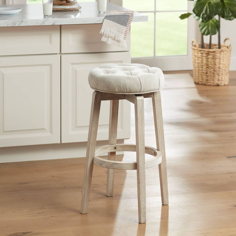 55 Downing Street Shelby White Wood Swivel Bar Stool 29" High Farmhouse Rustic Oatmeal Upholstered Cushion with Footrest for Kitchen Counter Height, 2 of 9