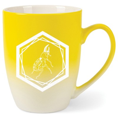 Elanze Designs 12 Ounce Ceramic Decorative Laser Engraved Geometric Design Giftable Novelty Tea Coffee Cup Mug Yellow and White Hercules Beetle
