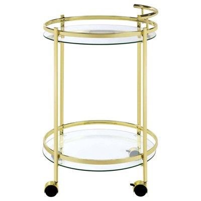 Luxe Modern 31" Gold Metal and Glass Round Bar Cart with Lockable Casters