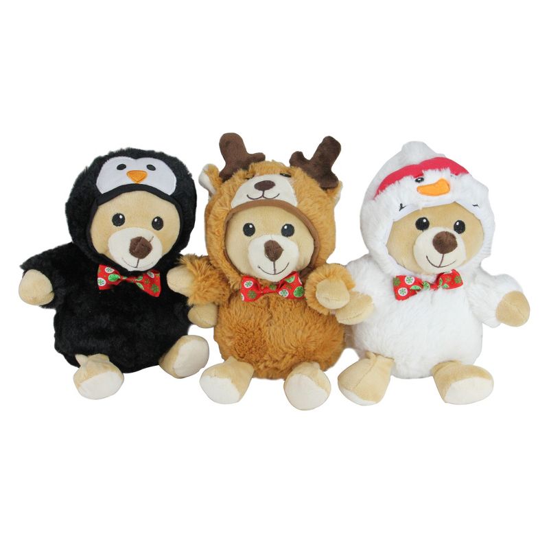 Northlight Set of 3 Brown and Black Teddy Bear Stuffed Animal Figures in Christmas Costumes 8", 1 of 5