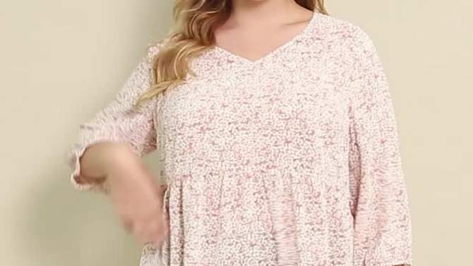 Agnes Orinda Women's Plus Size V Neck Babydoll 3/4 Sleeve Floral Flowy Blouse, 2 of 8, play video