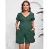 Coolmee Womens Jumpsuits V Neck Casual Summer Rolled Cuff Short Sleeve Wide Leg Short Pants High Waist Tunic Rompers with Side Pockets 2XL Dark Green - 2 of 4