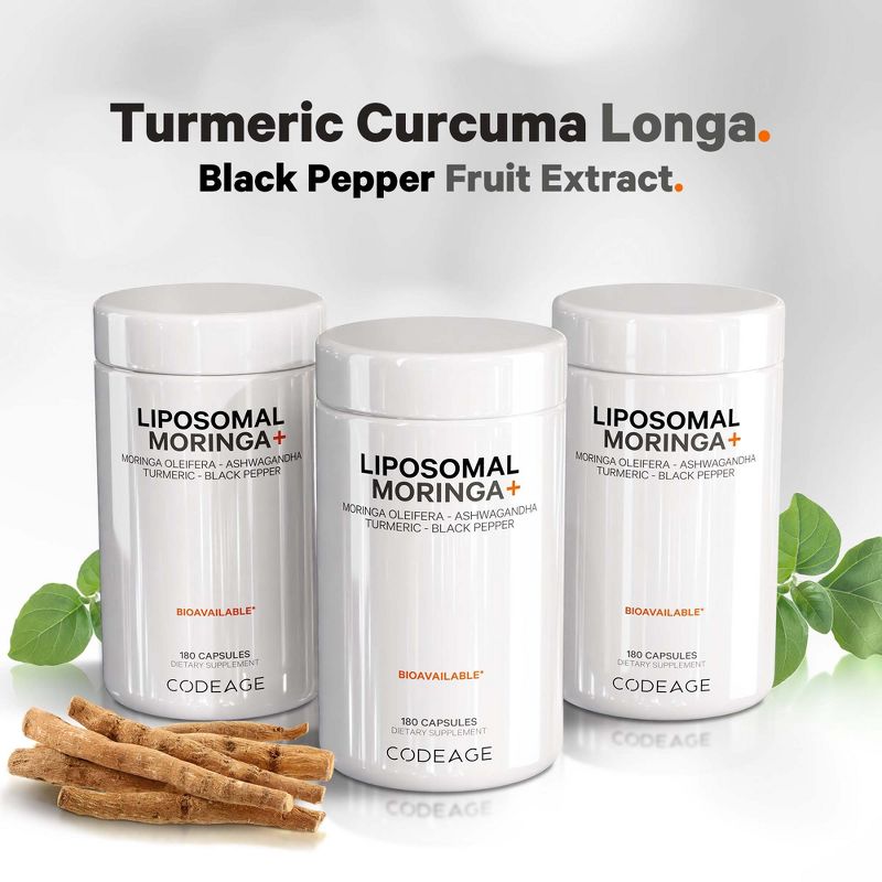 Codeage Liposomal Moringa+ Supplement, Moringa Oleifera, Turmeric, Ashwagandha, Black Pepper, 180 ct, 4 of 8