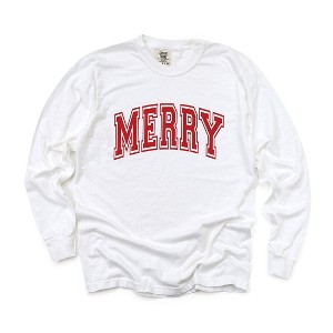 Simply Sage Market Women's Merry Varsity Thick Outline Long Sleeve Garment Dyed Tee - 1 of 4