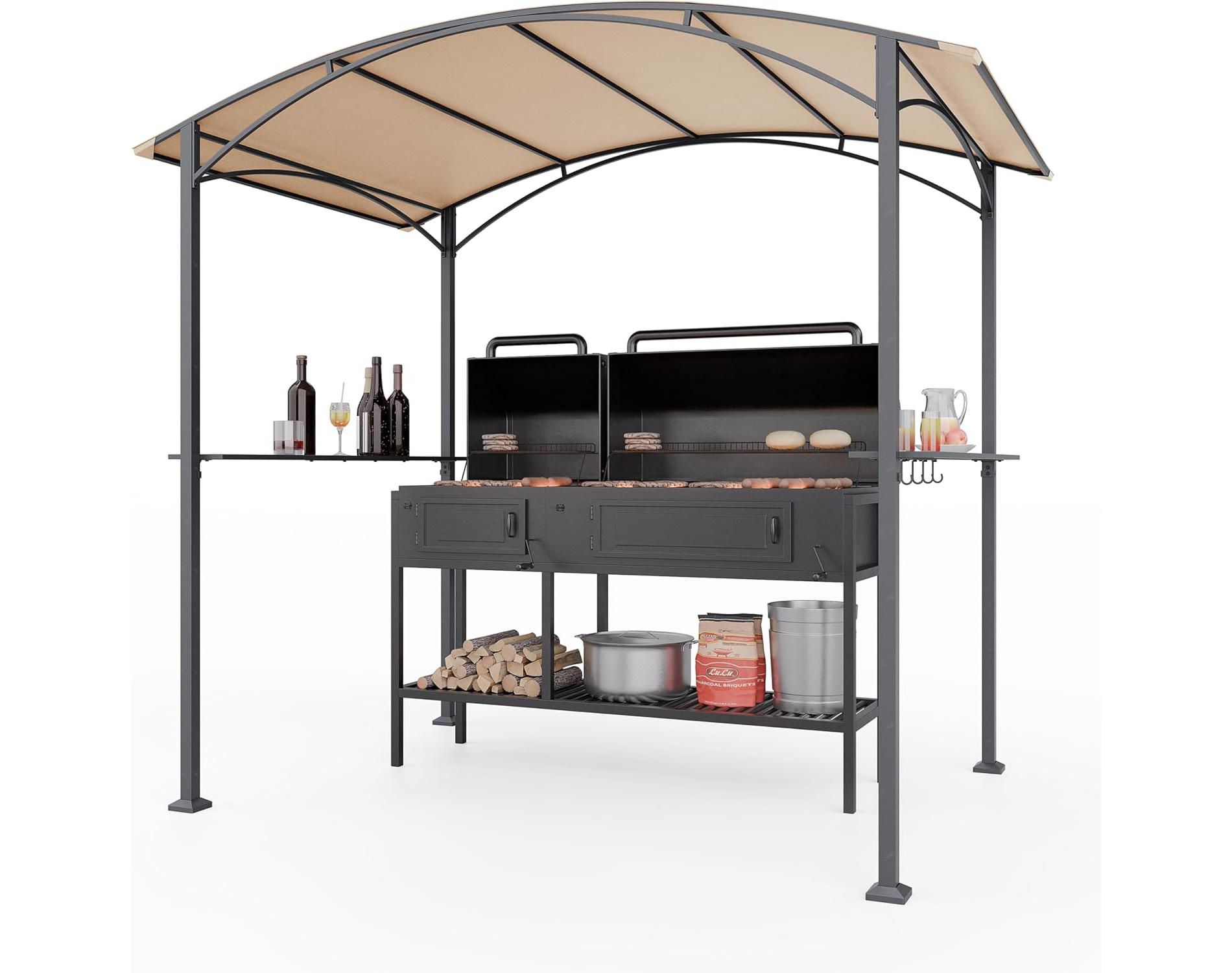 ALAULM 8'x5'Canopy BBQ Gazebo Fabric,Waterproof Sunshade Roof&Steel Frame,Storage Bar w/Tool Hooks,Curved Grill Shelter, Backyard,Patio,Garden