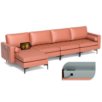 Costway Modular L-shaped Sectional Sofa with  Reversible Chaise & 2 USB Ports Coral Pink/Grey