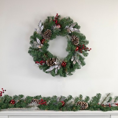 24" Pre-Lit Frosted Pine Cone and Berry Christmas Wreath
