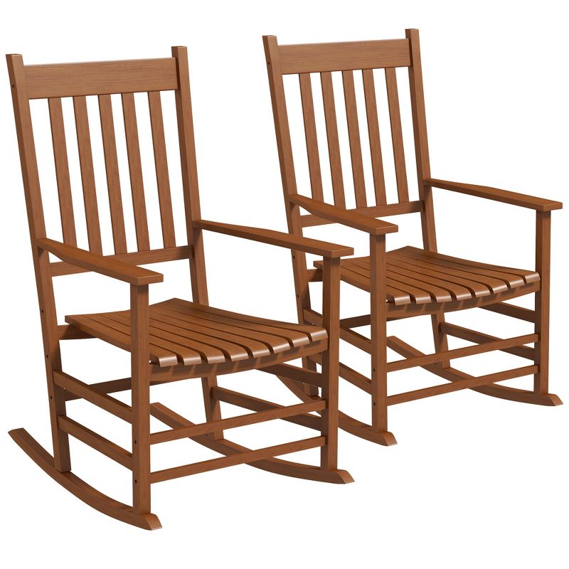 Outsunny Wooden Rocking Chair Set, Curved Armrests, High Back, Slatted Seat Outdoor Rocker Set, Teak, 1 of 7