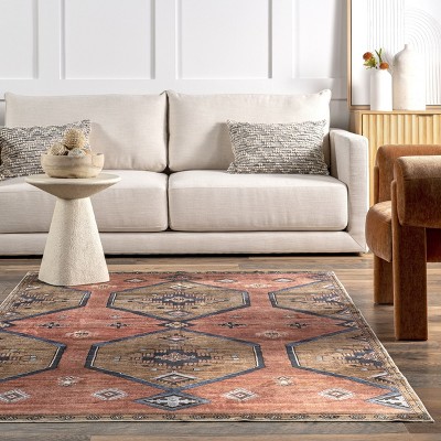 Judy Rust and Brown Medallion Washable Synthetic Area Rug