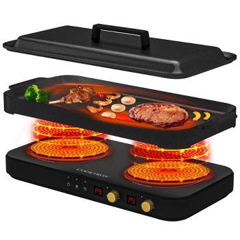 COOKTRON Portable Double Burner Electric Induction Cooktop with Cast Iron Griddle, 7 Temperature Levels, 9 Power Levels & Child Safety Lock
