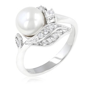 Slickblue Women's Floral Fleur Pearl Ring, White Shell Pearl Centerpiece, Rhodium Plated, Size 5-10 - 1 of 4