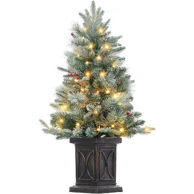Homhougo 3FT Snow Flocked Artificial Christmas Tree with Red Berries and Vintage Potted Base for Bedroom or Entry Decor