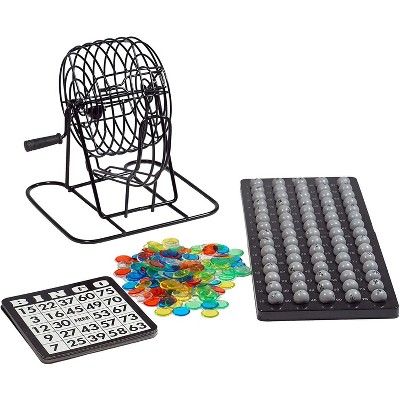 WE Games Grand Bingo Set with 8 inch Black Metal Cage, Plastic Balls and Holders, Reusable Cards and Plastic Markers