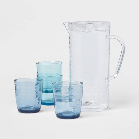Ice-Blue Glass Pitcher and Glasses Set 1 Pitcher and 4 Water Cups Tumblers 