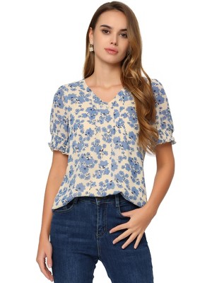 Allegra K Women's Floral Peasant Blouse Puff Sleeve Pleated Front V ...