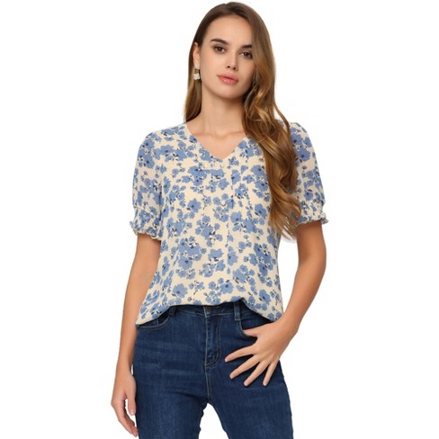 Allegra K Women's Floral Peasant Blouse Puff Sleeve Pleated Front V ...