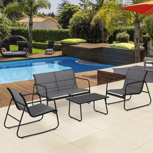 Textilene Patio Conversation Set with 2 Single Chairs, 1 Love Seat and Coffee Table, 4 Piece Textilene Furniture Set with Loveseat and Glass - 1 of 4