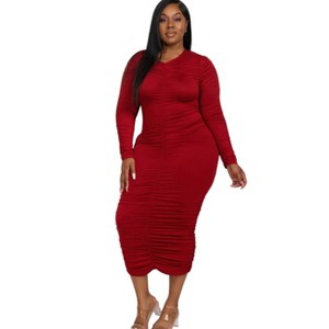 Slickblue Plus Size Long Sleeve Midi Dress with Side Ruching, Stretch Jersey Fabric, 5 Color Options, Size 1XL-3XL - 1 of 4