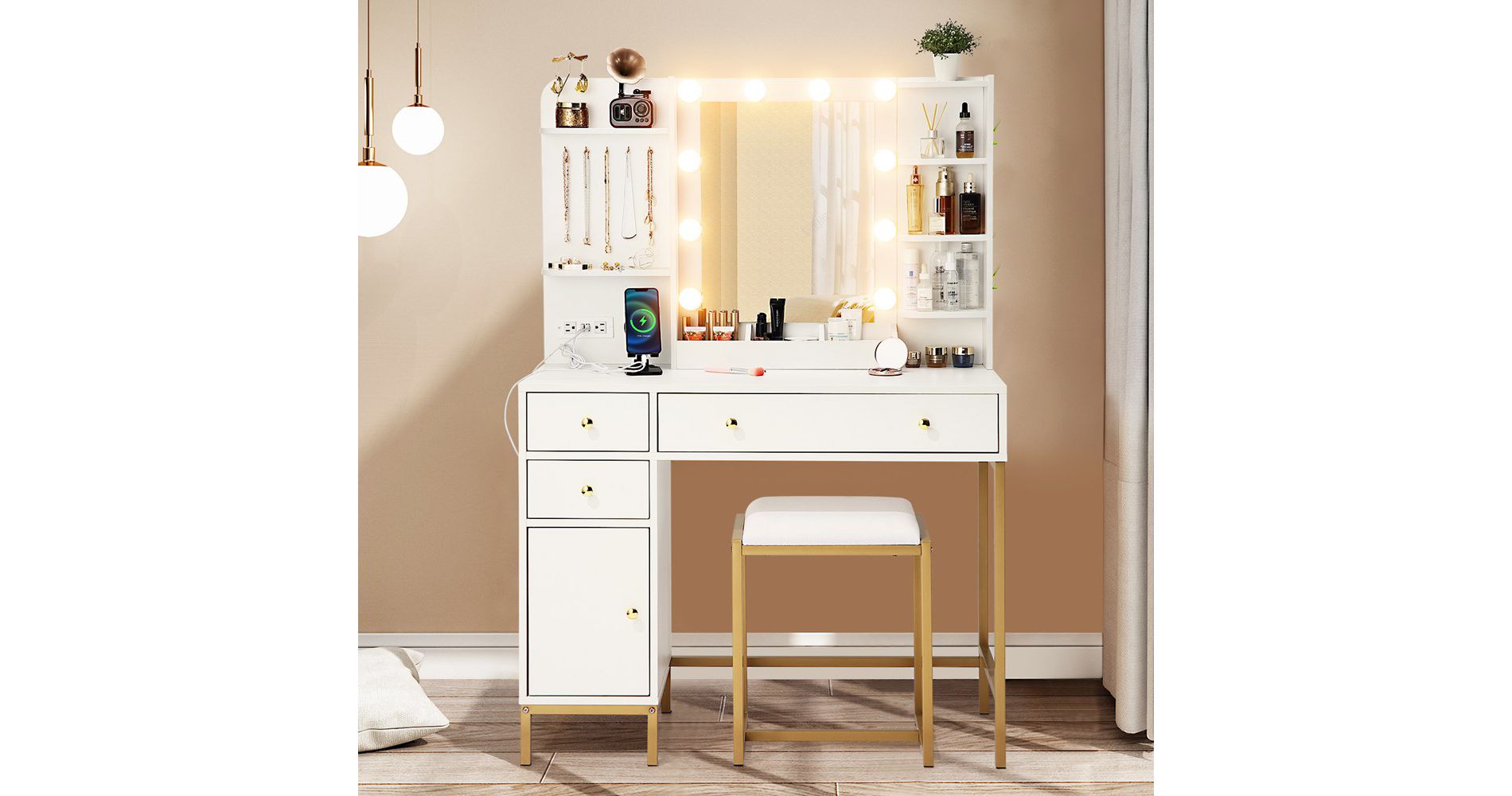Vanity Desk with Mirror, Makeup Vanity Table with Chair & Charging Station, Dressing Table