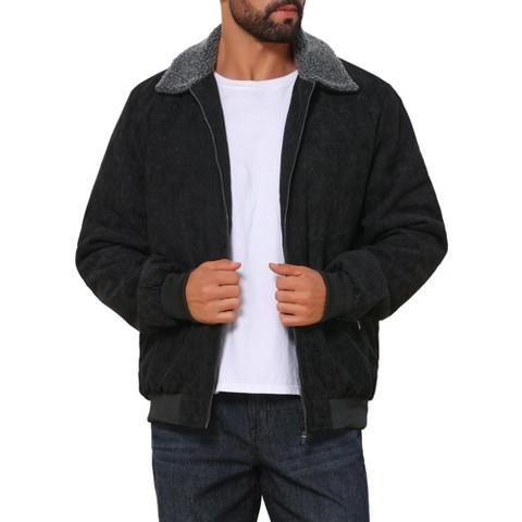INSPIRE CHIC Men's Winter Cargo Lapel Zipper Up Fleece Lined Warm Corduroy Jacket Small Black