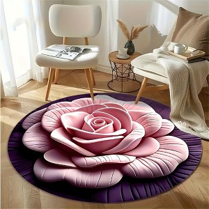 Lomsoe 1pc Pink Rose Round Flannel Carpet,Pink Roses Circular Rug