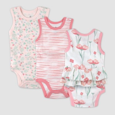 Image of Honest Baby 3pk Sleeveless Ruffle Floral Bodysuit - Pink 3-6M