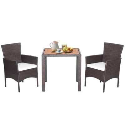 Tangkula Set of 3 Wicker Dining Set Acacia Wood Table Top W/ Cushioned Chairs Patio Garden