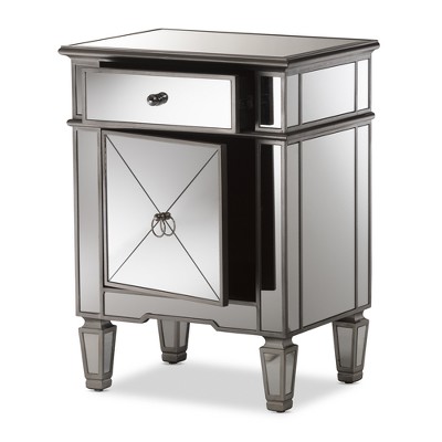 Claudia Silver Mirrored 1-Drawer Nightstand with Crosshatch Detail