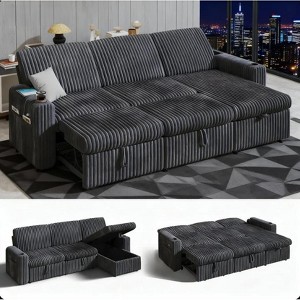 Vipbear 101" Sectional Sleeper Sofa Bed with Pull Out Bed, Reclining Backrest/Reversible Storage Chaise/USB Ports/Cup Holders, Plush Corduroy - 1 of 4