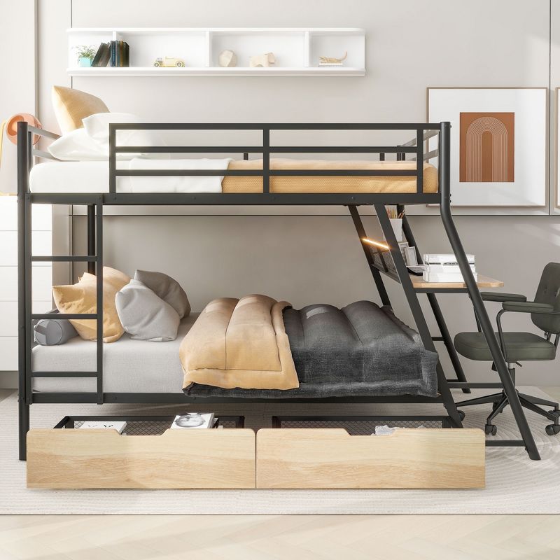 Full/Twin Size Metal Bunk Bed with Built-in Desk, Light and 2 Drawers, Black-ModernLuxe, 2 of 15