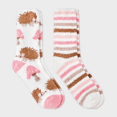 Image of Women's Hedgehog 2pk Cozy Crew Socks - Pink/Ivory 4-10