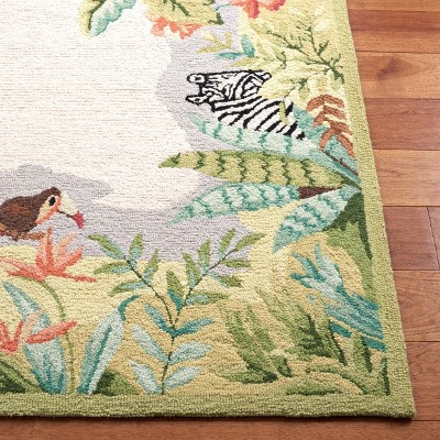 Handmade Beige and Green Wool Floral Rectangular Area Rug