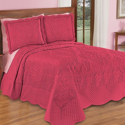 Blue Damask Textured Full Bedspread Set with Scalloped Edges