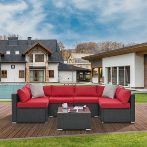 Patti 7-piece PE Rattan Patio Conversation Set, Outdoor Sectional Sofa with Cushions and Glass Top Coffee Table - Maison Boucle - 1 of 4