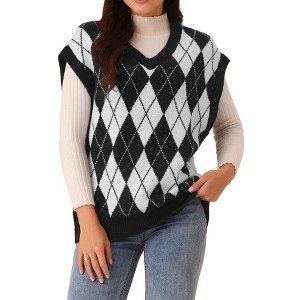 Seta T Women's Contrast Color V Neck Sleeveless Knit Loose Pullover Sweater Vest - 1 of 4