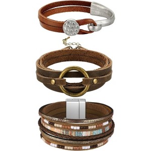 3-Pack Bohemian Faux Leather Multi-Layered Wrap Bracelets with Circle Design, Western Jewelry for Women & Men - 1 of 4