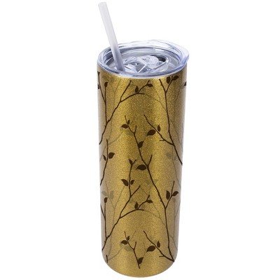 Elanze Designs Vegas Gold 20 Ounce Double Wall Stainless Steel Glitter Travel Tumbler With Sliding Lid And Straw, Tree Pattern
