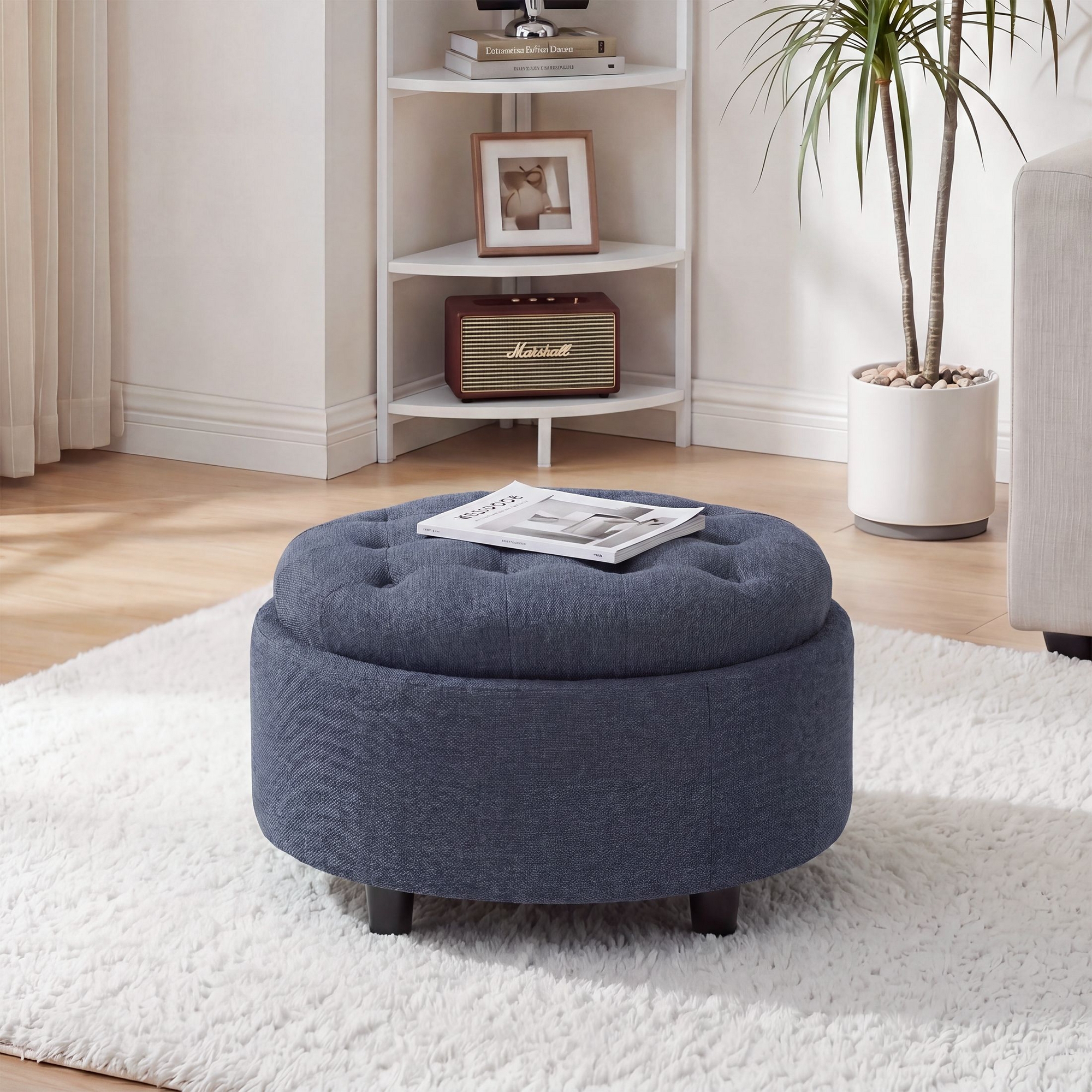 3-in-1 Round Fabric Storage Ottoman – 25.3"x25.3" Reversible Tray Lid, Footrest & Small Coffee Table with Hidden Storage