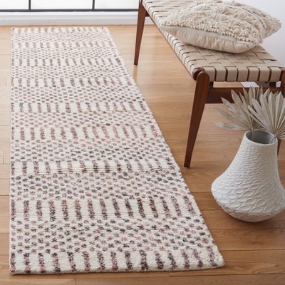 Ivory and Pink Hand-Knotted Wool Runner Rug
