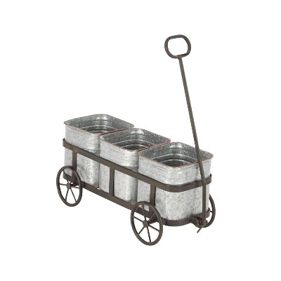 16" Farmhouse Iron Vintage Wagon Novelty Planter Silver - Olivia & May