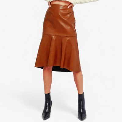Anna-Kaci Women's Faux Leather High Waist Flounce Hem Midi Skirt with Sleek Fitted Silhouette - Small, Brown