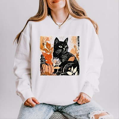 Simply Sage Market Black Cat Fall Leaves Distressed Lightweight Garment Dyed Sweatshirt