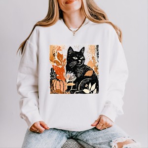 Simply Sage Market Black Cat Fall Leaves Distressed Lightweight Garment Dyed Sweatshirt - 1 of 4